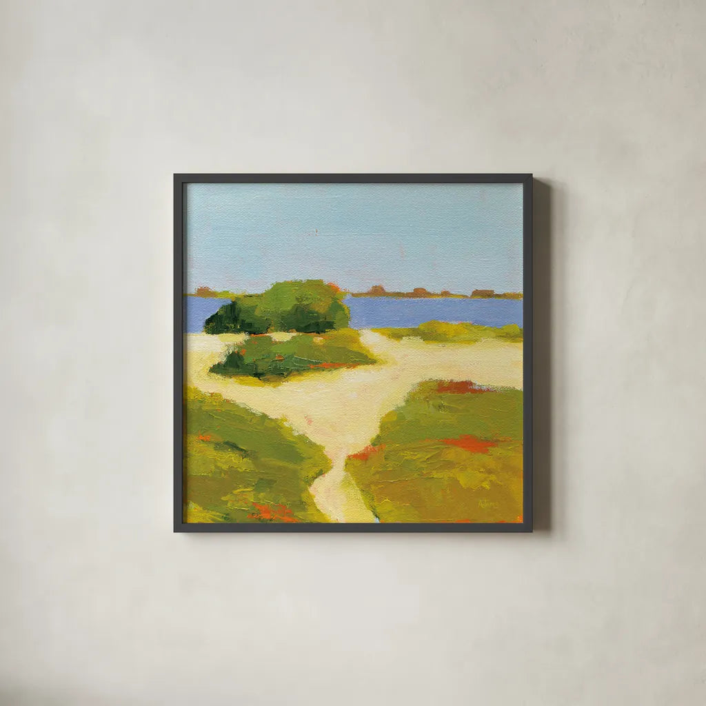 Path to the Beach by Phyllis Adams. Shown in a sleek black glass frame for a contemporary gallery look. Available as an archival giclee rolled canvas, fine art paper, or poster print. SKU 30147a.