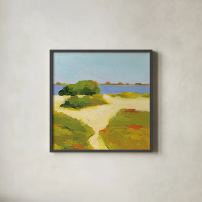Path to the Beach by Phyllis Adams. Shown in a sleek black glass frame for a contemporary gallery look. Available as an archival giclee rolled canvas, fine art paper, or poster print. SKU 30147a.