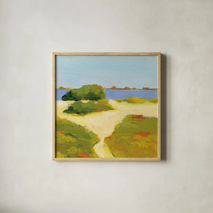 Path to the Beach by Phyllis Adams. Shown in a natural wood glass frame for a timeless modern aesthetic. Available as an archival giclee rolled canvas, fine art paper, or poster print. SKU 30147a.