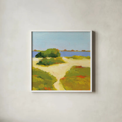 Path to the Beach by Phyllis Adams. Shown in a crisp white glass frame for a clean and minimalist style. Available as an archival giclee rolled canvas, fine art paper, or poster print. SKU 30147a.