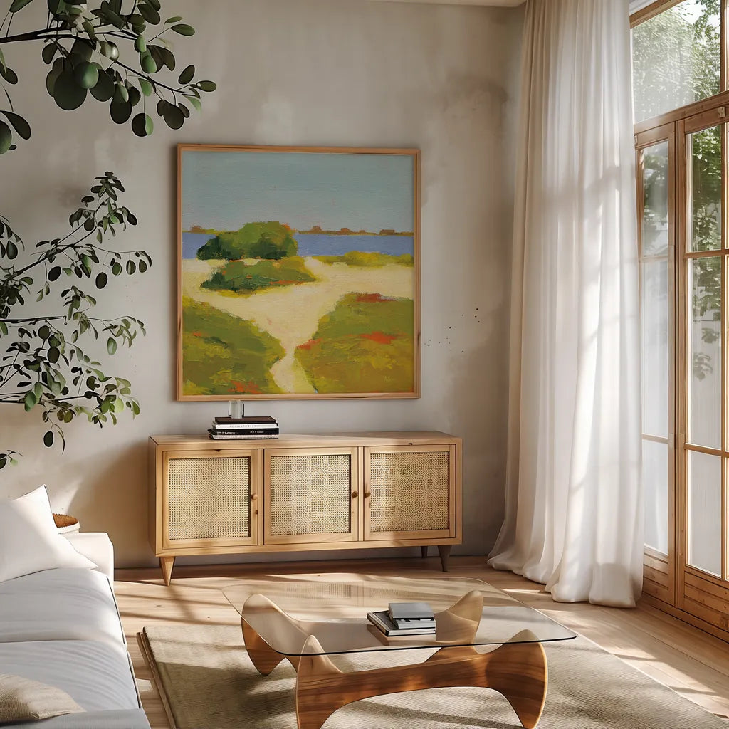 Path to the Beach by Phyllis Adams. Shown in a natural wood frame in a cozy modern living room. Available as an archival giclee rolled canvas, fine art paper, or poster print. SKU 30147a.