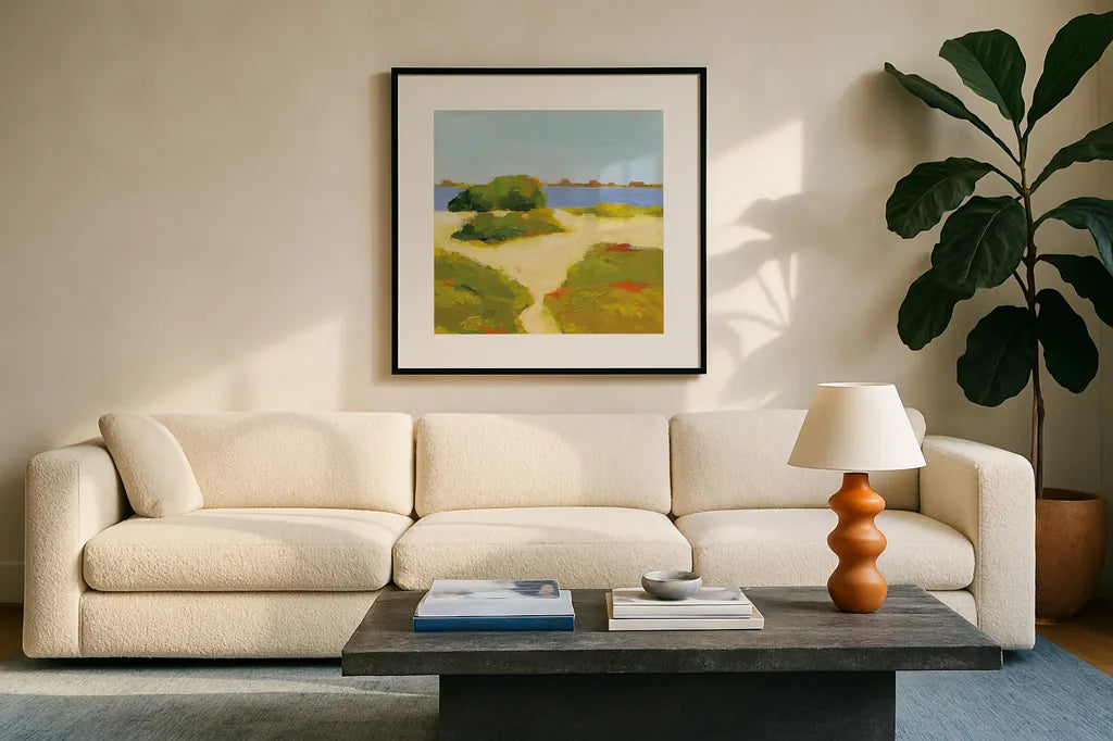 Path to the Beach by Phyllis Adams. Displayed in a glass frame with matte in a clean modern living room. Available as an archival giclee rolled canvas, fine art paper, or poster print. SKU 30147a.