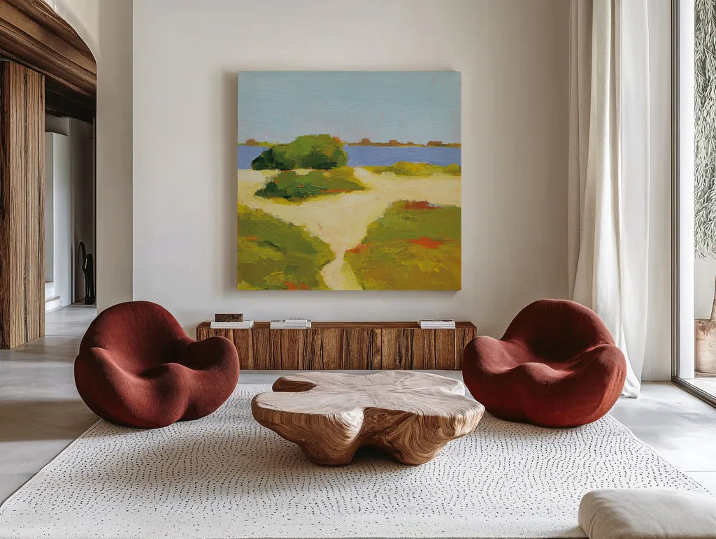Path to the Beach by Phyllis Adams. Shown as extra-large giant wall art in a modern living room. Available as an archival giclee rolled canvas, fine art paper, or poster print. SKU 30147a.