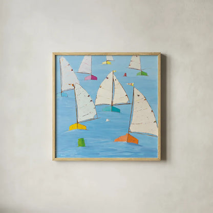 Regatta V by Phyllis Adams. Shown in a natural wood glass frame for a timeless modern aesthetic. Available as an archival giclee rolled canvas, fine art paper, or poster print. SKU 27233a.