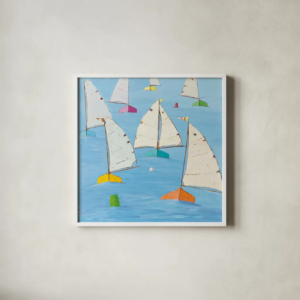 Regatta V by Phyllis Adams. Shown in a crisp white glass frame for a clean and minimalist style. Available as an archival giclee rolled canvas, fine art paper, or poster print. SKU 27233a.