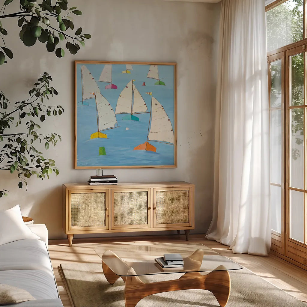 Regatta V by Phyllis Adams. Shown in a natural wood frame in a cozy modern living room. Available as an archival giclee rolled canvas, fine art paper, or poster print. SKU 27233a.