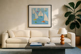 Regatta V by Phyllis Adams. Displayed in a glass frame with matte in a clean modern living room. Available as an archival giclee rolled canvas, fine art paper, or poster print. SKU 27233a.
