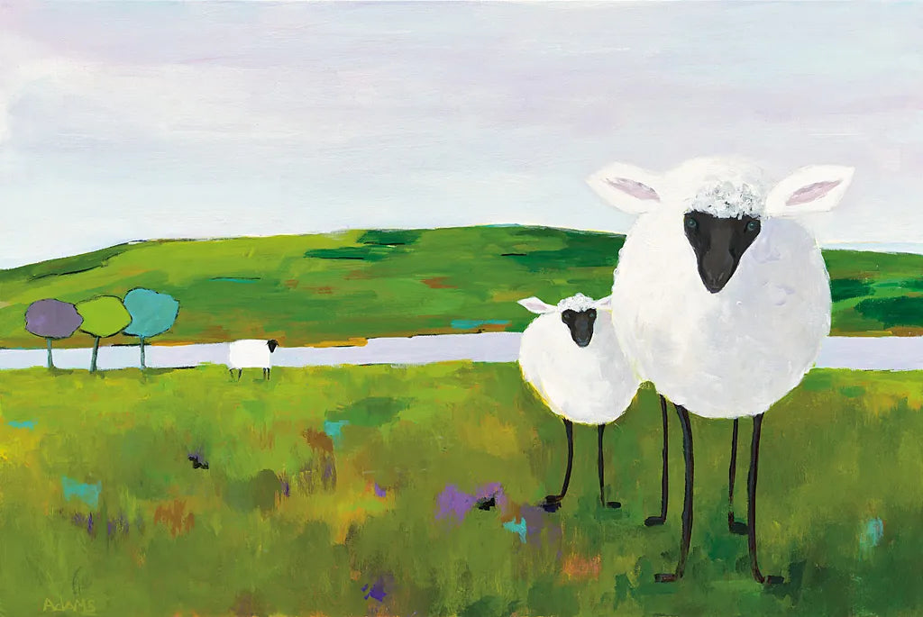 Sheep in the Meadow by Phyllis Adams. SKU 27254i. Archival Giclee Fine art print for wall decor.