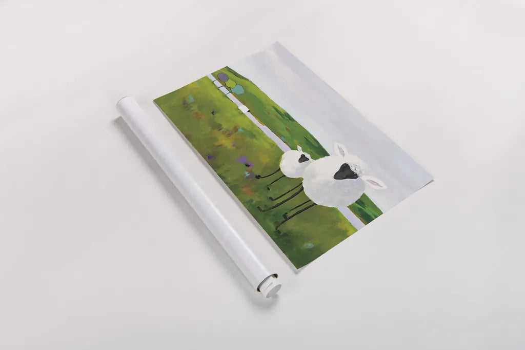 Sheep in the Meadow by Phyllis Adams. shown as a rolled paper print. Available as archival giclee rolled canvas, fine art paper, or poster print. SKU 27254i.