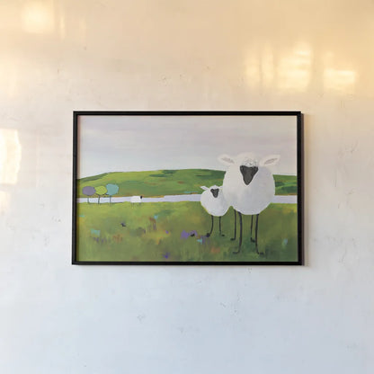 Sheep in the Meadow by Phyllis Adams. shown as a paper print in a black flame. Available as a archival giclee rolled canvas, fine art paper, or poster print. SKU 27254i.