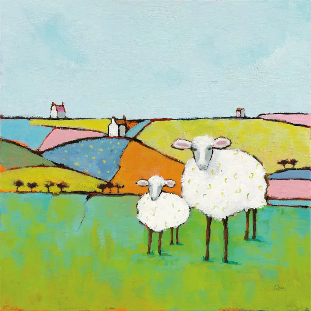 Sheep in the Meadow by Phyllis Adams. SKU 37283a. Archival Giclee Fine art print for wall decor.