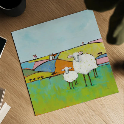 Sheep in the Meadow by Phyllis Adams. Shown as a detailed flat fine art print, highlighting archival giclee quality. Available as an archival giclee rolled canvas, fine art paper, or poster print. SKU 37283a.