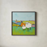 Sheep in the Meadow by Phyllis Adams. Shown in a sleek black glass frame for a contemporary gallery look. Available as an archival giclee rolled canvas, fine art paper, or poster print. SKU 37283a.