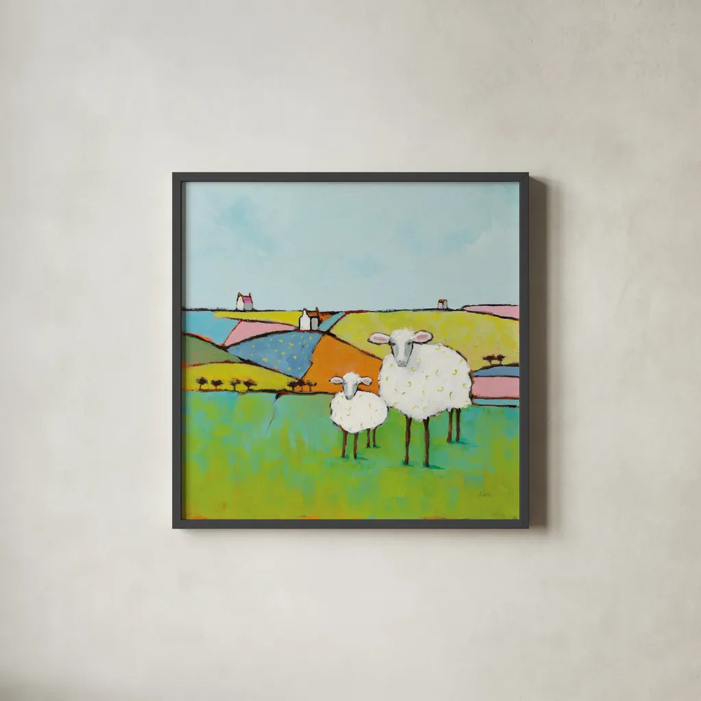 Sheep in the Meadow by Phyllis Adams. Shown in a sleek black glass frame for a contemporary gallery look. Available as an archival giclee rolled canvas, fine art paper, or poster print. SKU 37283a.