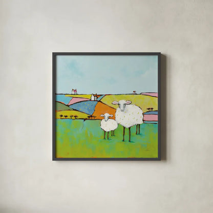 Sheep in the Meadow by Phyllis Adams. Shown in a sleek black glass frame for a contemporary gallery look. Available as an archival giclee rolled canvas, fine art paper, or poster print. SKU 37283a.