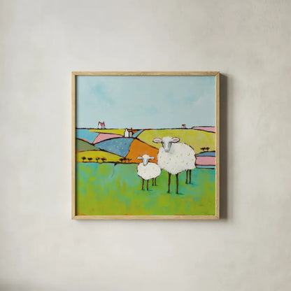 Sheep in the Meadow by Phyllis Adams. Shown in a natural wood glass frame for a timeless modern aesthetic. Available as an archival giclee rolled canvas, fine art paper, or poster print. SKU 37283a.