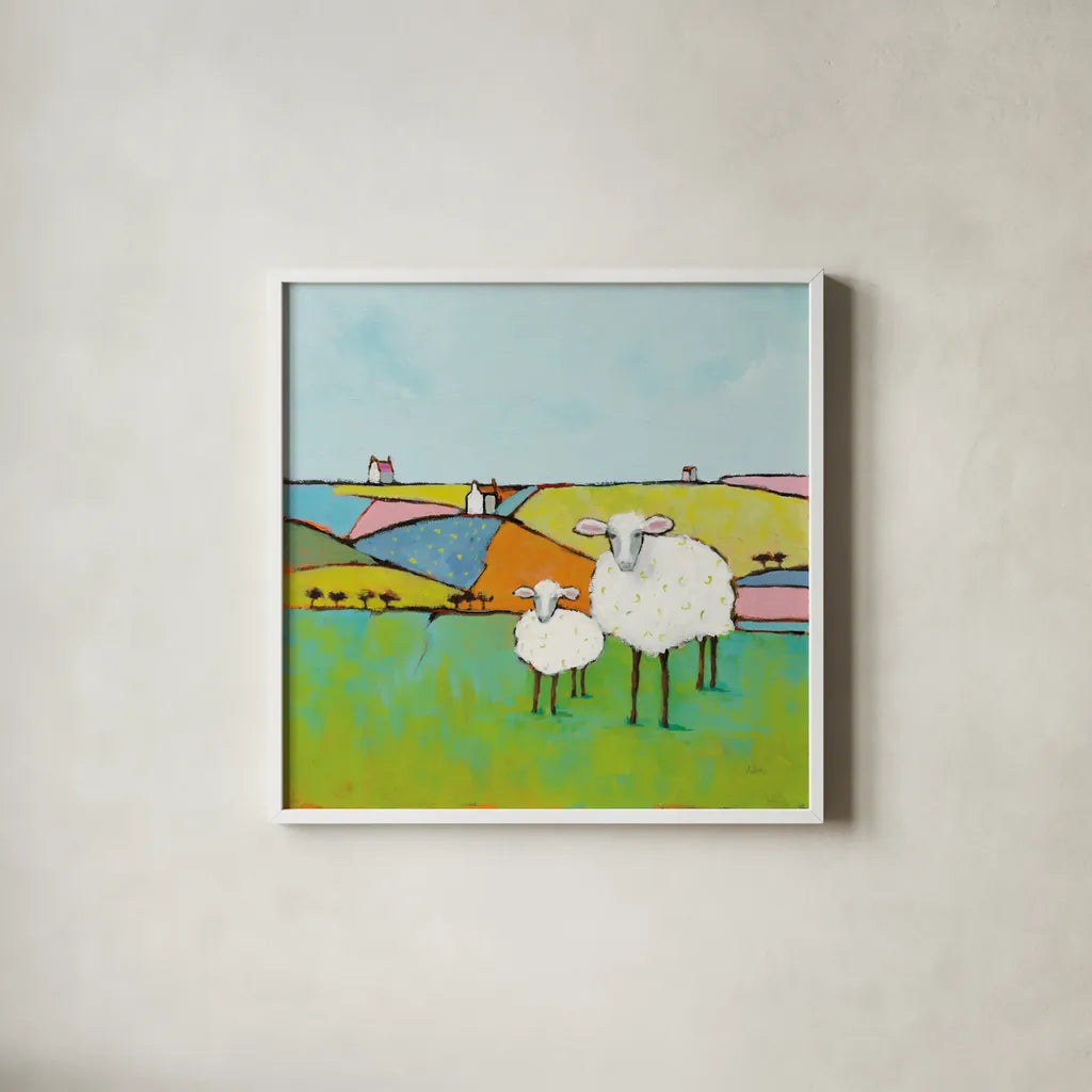 Sheep in the Meadow by Phyllis Adams. Shown in a crisp white glass frame for a clean and minimalist style. Available as an archival giclee rolled canvas, fine art paper, or poster print. SKU 37283a.