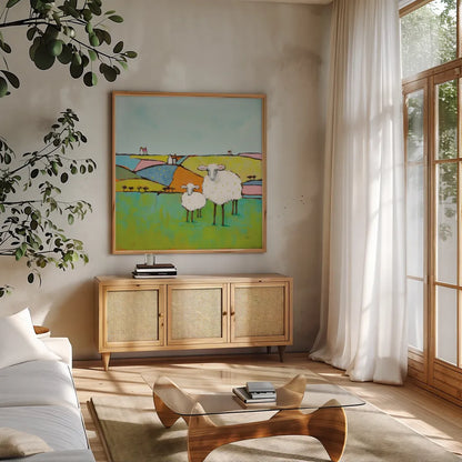 Sheep in the Meadow by Phyllis Adams. Shown in a natural wood frame in a cozy modern living room. Available as an archival giclee rolled canvas, fine art paper, or poster print. SKU 37283a.