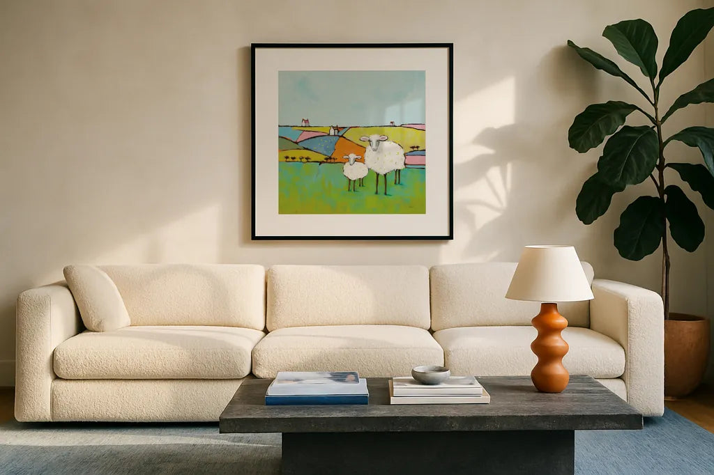 Sheep in the Meadow by Phyllis Adams. Displayed in a glass frame with matte in a clean modern living room. Available as an archival giclee rolled canvas, fine art paper, or poster print. SKU 37283a.
