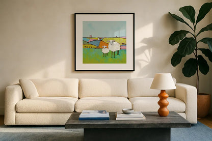 Sheep in the Meadow by Phyllis Adams. Displayed in a glass frame with matte in a clean modern living room. Available as an archival giclee rolled canvas, fine art paper, or poster print. SKU 37283a.