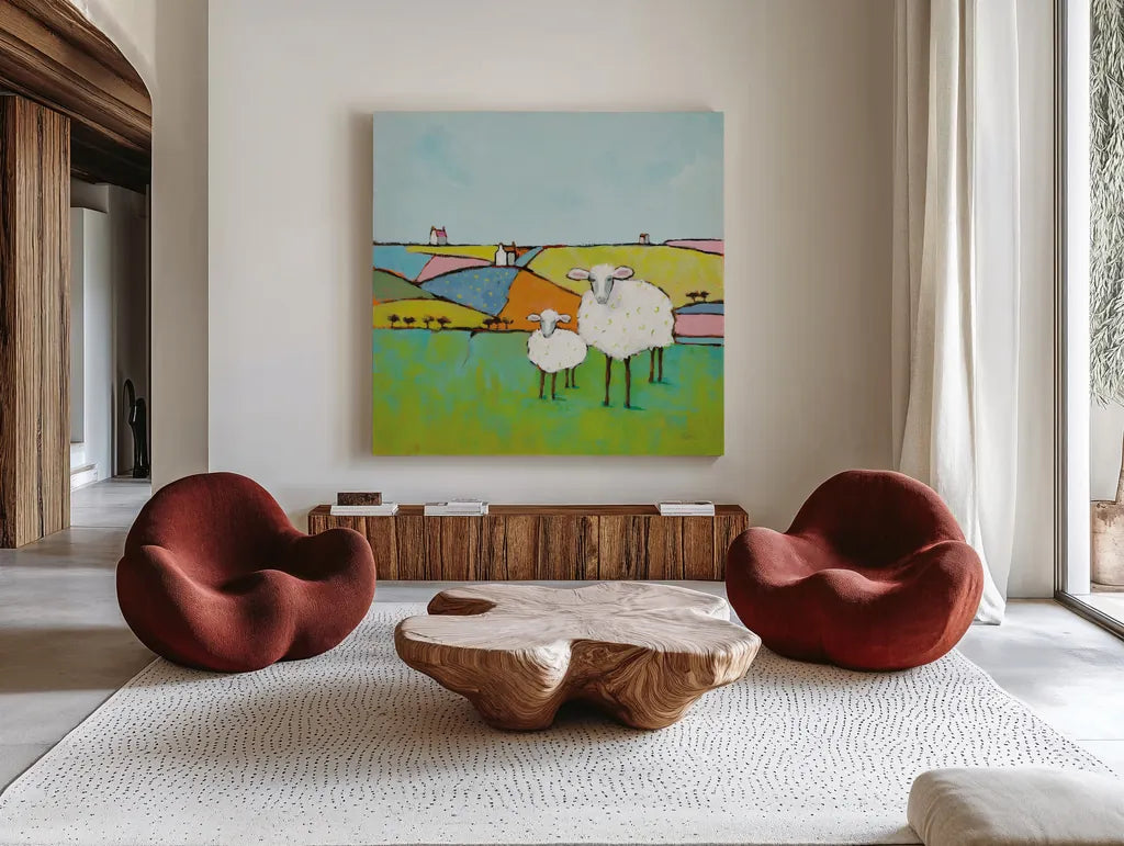 Sheep in the Meadow by Phyllis Adams. Shown as extra-large giant wall art in a modern living room. Available as an archival giclee rolled canvas, fine art paper, or poster print. SKU 37283a.