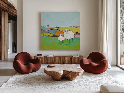 Sheep in the Meadow by Phyllis Adams. Shown as extra-large giant wall art in a modern living room. Available as an archival giclee rolled canvas, fine art paper, or poster print. SKU 37283a.