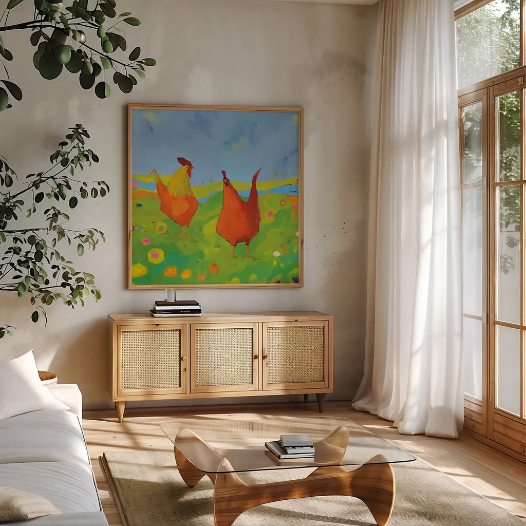 Spring has Sprung by Phyllis Adams. Shown in a natural wood frame in a cozy modern living room. Available as an archival giclee rolled canvas, fine art paper, or poster print. SKU 27252a.
