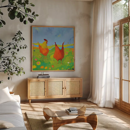 Spring has Sprung by Phyllis Adams. Shown in a natural wood frame in a cozy modern living room. Available as an archival giclee rolled canvas, fine art paper, or poster print. SKU 27252a.
