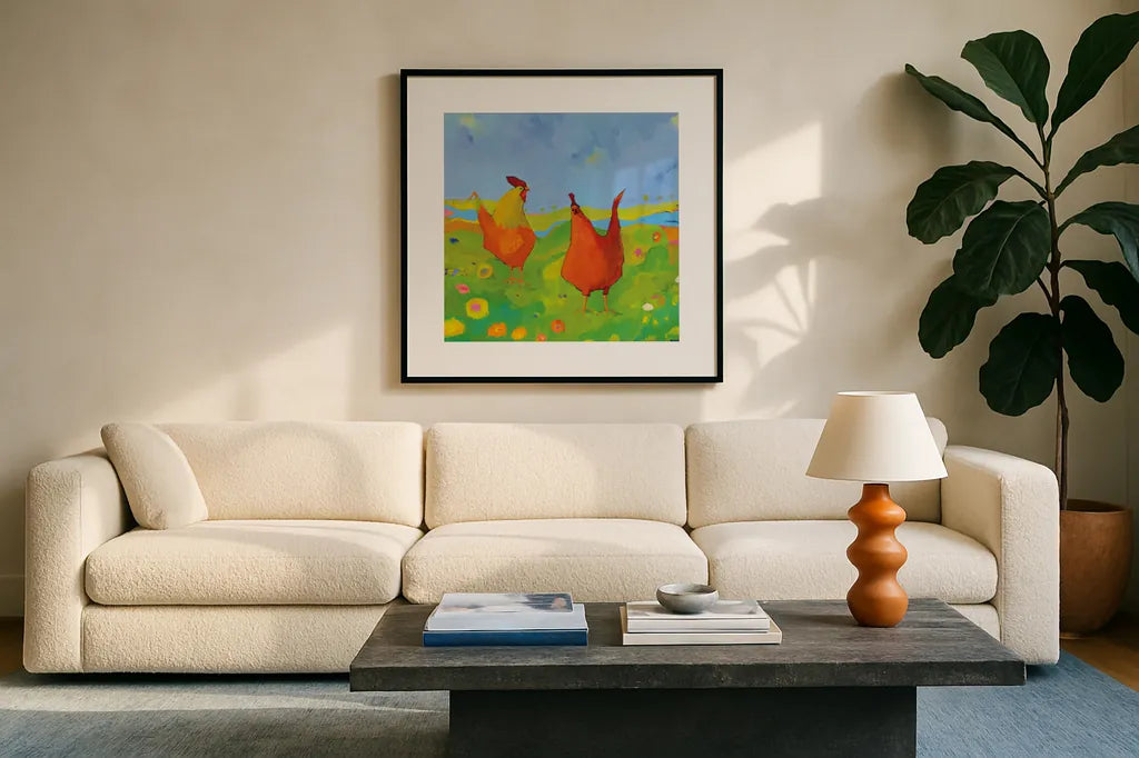 Spring has Sprung by Phyllis Adams. Displayed in a glass frame with matte in a clean modern living room. Available as an archival giclee rolled canvas, fine art paper, or poster print. SKU 27252a.