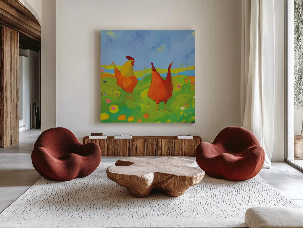 Spring has Sprung by Phyllis Adams. Shown as extra-large giant wall art in a modern living room. Available as an archival giclee rolled canvas, fine art paper, or poster print. SKU 27252a.