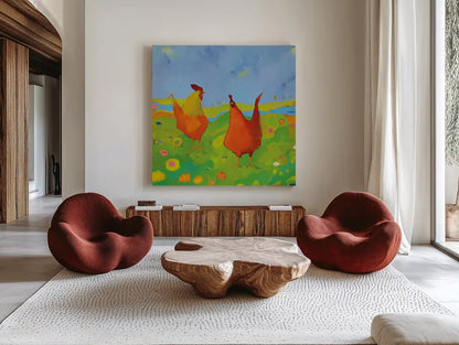 Spring has Sprung by Phyllis Adams. Shown as extra-large giant wall art in a modern living room. Available as an archival giclee rolled canvas, fine art paper, or poster print. SKU 27252a.