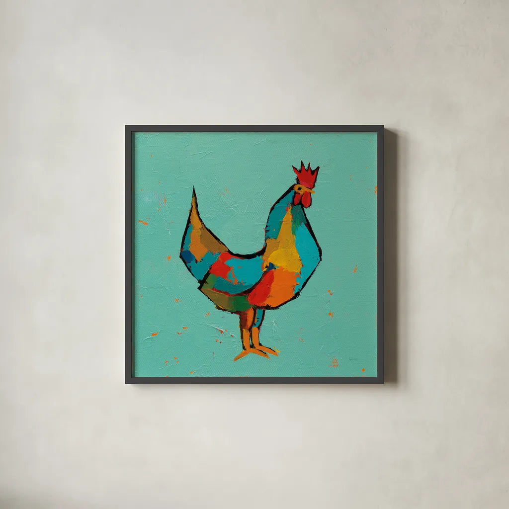 The Strutter by Phyllis Adams. Shown in a sleek black glass frame for a contemporary gallery look. Available as an archival giclee rolled canvas, fine art paper, or poster print. SKU 45894a.