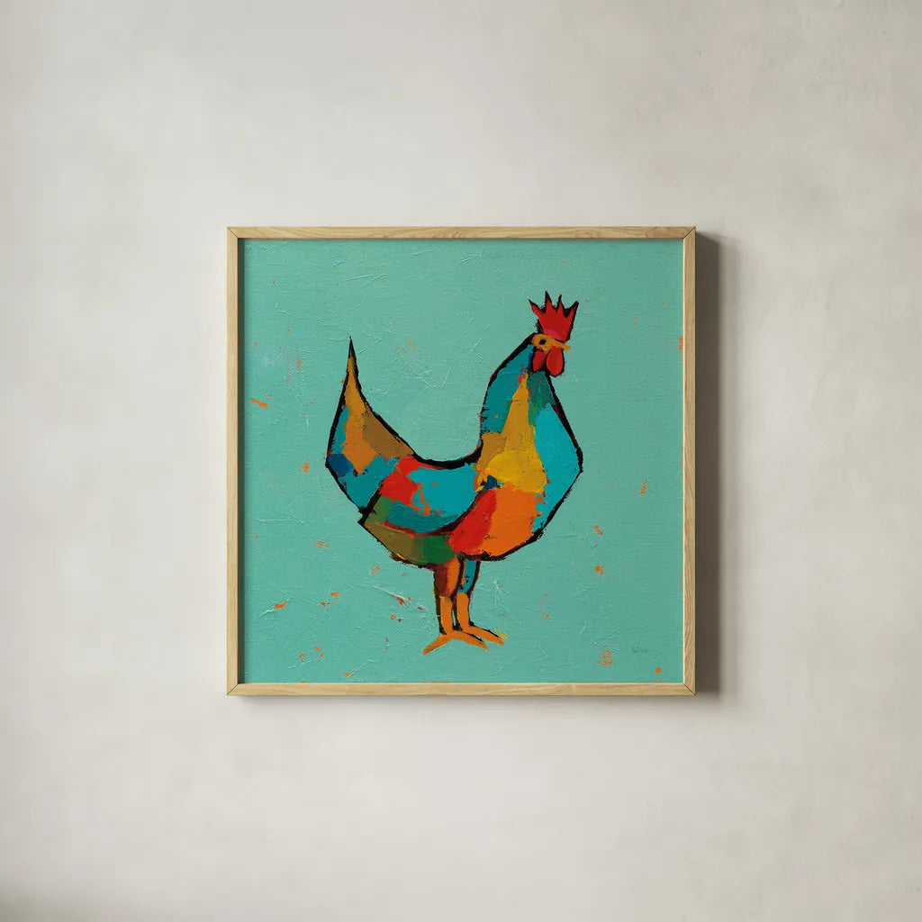 The Strutter by Phyllis Adams. Shown in a natural wood glass frame for a timeless modern aesthetic. Available as an archival giclee rolled canvas, fine art paper, or poster print. SKU 45894a.