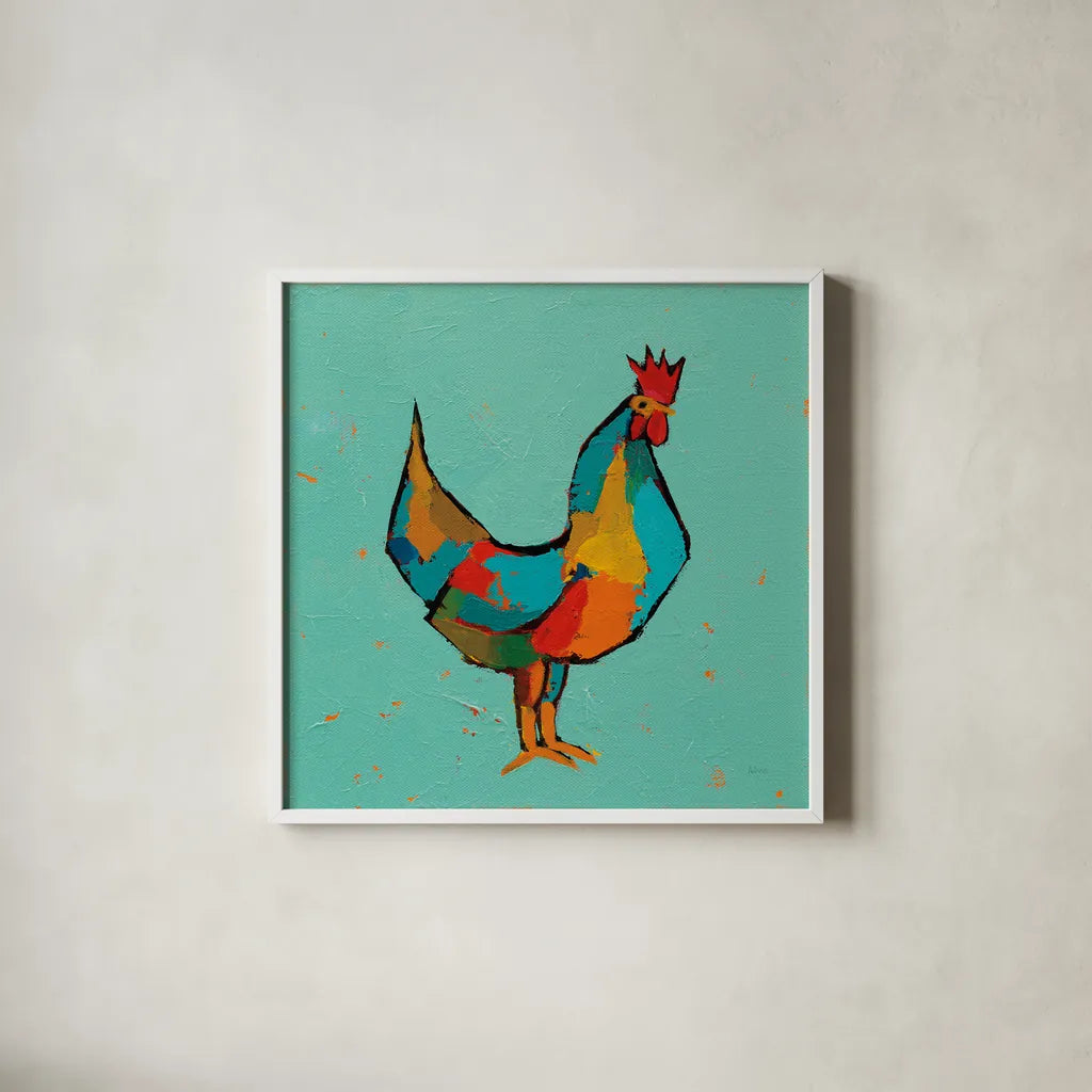 The Strutter by Phyllis Adams. Shown in a crisp white glass frame for a clean and minimalist style. Available as an archival giclee rolled canvas, fine art paper, or poster print. SKU 45894a.