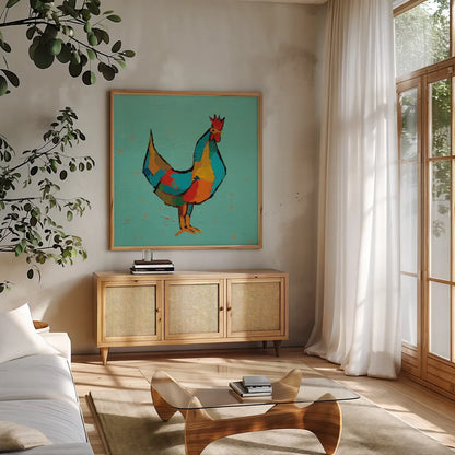 The Strutter by Phyllis Adams. Shown in a natural wood frame in a cozy modern living room. Available as an archival giclee rolled canvas, fine art paper, or poster print. SKU 45894a.