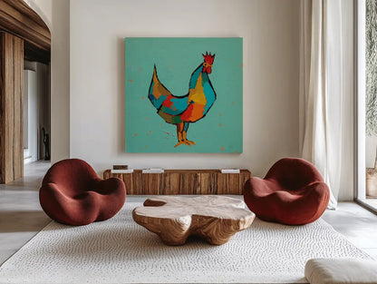The Strutter by Phyllis Adams. Shown as extra-large giant wall art in a modern living room. Available as an archival giclee rolled canvas, fine art paper, or poster print. SKU 45894a.