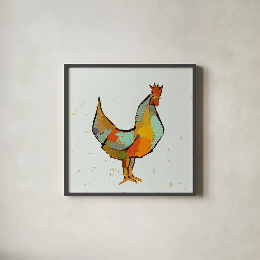 The Strutter on White by Phyllis Adams. Shown in a sleek black glass frame for a contemporary gallery look. Available as an archival giclee rolled canvas, fine art paper, or poster print. SKU 61810a.