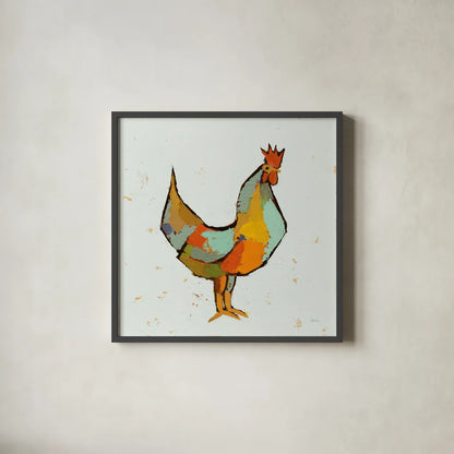 The Strutter on White by Phyllis Adams. Shown in a sleek black glass frame for a contemporary gallery look. Available as an archival giclee rolled canvas, fine art paper, or poster print. SKU 61810a.