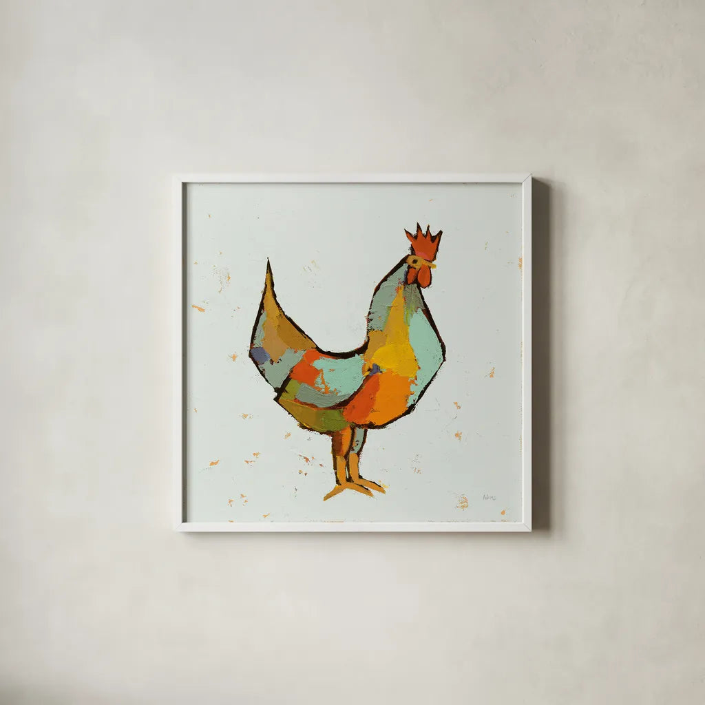The Strutter on White by Phyllis Adams. Shown in a crisp white glass frame for a clean and minimalist style. Available as an archival giclee rolled canvas, fine art paper, or poster print. SKU 61810a.
