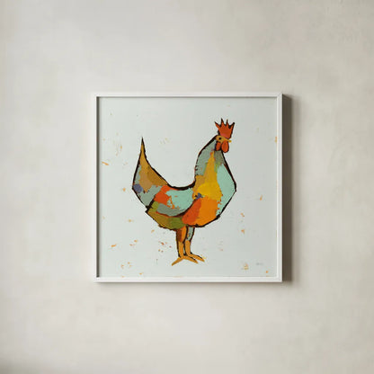 The Strutter on White by Phyllis Adams. Shown in a crisp white glass frame for a clean and minimalist style. Available as an archival giclee rolled canvas, fine art paper, or poster print. SKU 61810a.