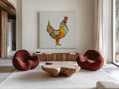 The Strutter on White by Phyllis Adams. Shown as extra-large giant wall art in a modern living room. Available as an archival giclee rolled canvas, fine art paper, or poster print. SKU 61810a.