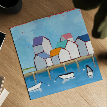 The Wharf by Phyllis Adams. Shown as a detailed flat fine art print, highlighting archival giclee quality. Available as an archival giclee rolled canvas, fine art paper, or poster print. SKU 45893a.