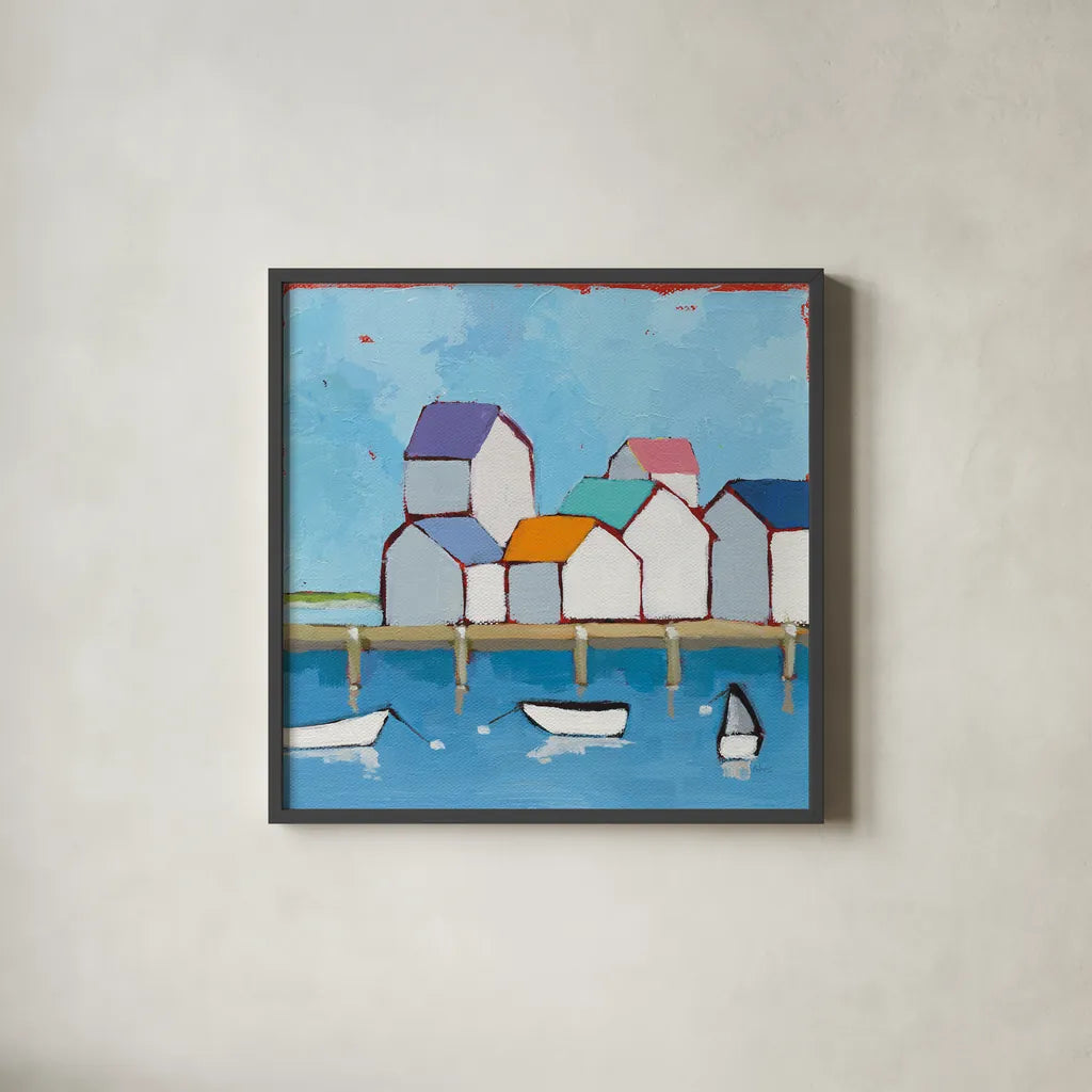 The Wharf by Phyllis Adams. Shown in a sleek black glass frame for a contemporary gallery look. Available as an archival giclee rolled canvas, fine art paper, or poster print. SKU 45893a.