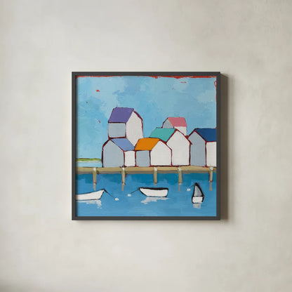 The Wharf by Phyllis Adams. Shown in a sleek black glass frame for a contemporary gallery look. Available as an archival giclee rolled canvas, fine art paper, or poster print. SKU 45893a.