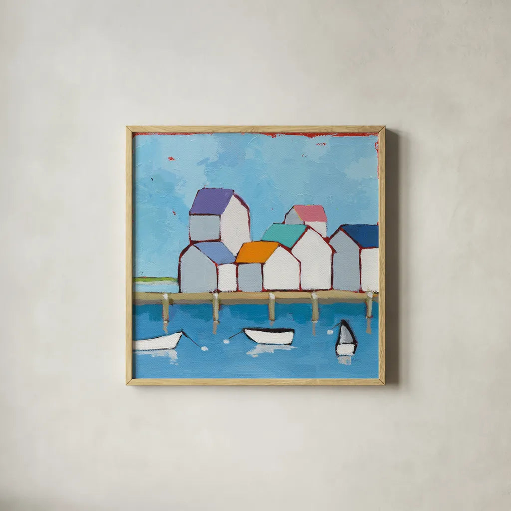 The Wharf by Phyllis Adams. Shown in a natural wood glass frame for a timeless modern aesthetic. Available as an archival giclee rolled canvas, fine art paper, or poster print. SKU 45893a.