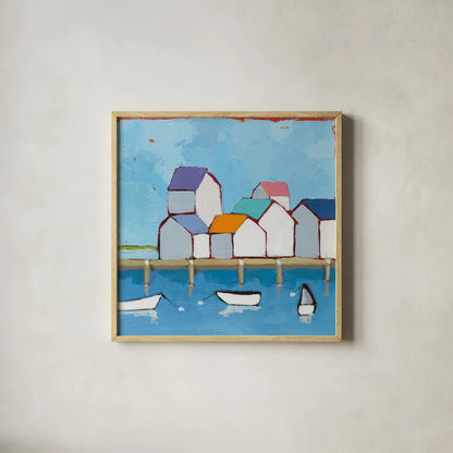 The Wharf by Phyllis Adams. Shown in a natural wood glass frame for a timeless modern aesthetic. Available as an archival giclee rolled canvas, fine art paper, or poster print. SKU 45893a.