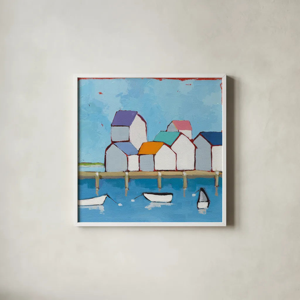 The Wharf by Phyllis Adams. Shown in a crisp white glass frame for a clean and minimalist style. Available as an archival giclee rolled canvas, fine art paper, or poster print. SKU 45893a.