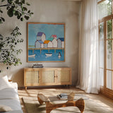 The Wharf by Phyllis Adams. Shown in a natural wood frame in a cozy modern living room. Available as an archival giclee rolled canvas, fine art paper, or poster print. SKU 45893a.