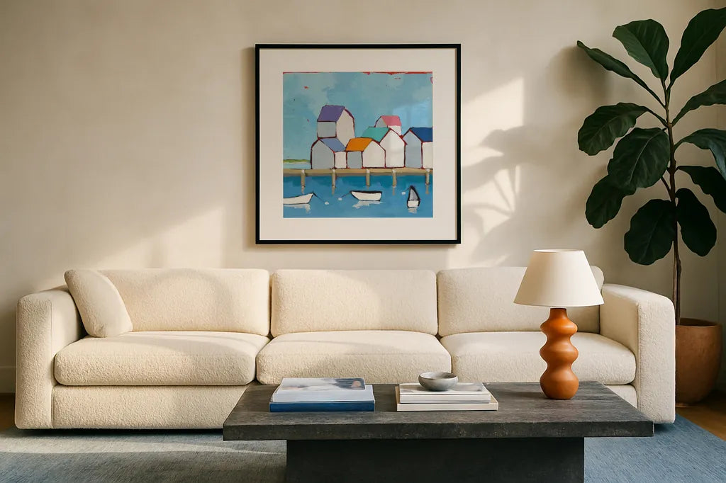 The Wharf by Phyllis Adams. Displayed in a glass frame with matte in a clean modern living room. Available as an archival giclee rolled canvas, fine art paper, or poster print. SKU 45893a.