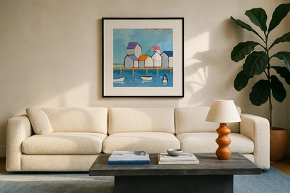 The Wharf by Phyllis Adams. Displayed in a glass frame with matte in a clean modern living room. Available as an archival giclee rolled canvas, fine art paper, or poster print. SKU 45893a.